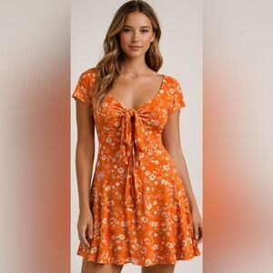 Free People Orange Floral Open Back Tie Front Mini Dress Size Small Boho